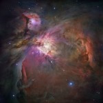 Hubble image of the Orion Nebula, at 1,500 light-years away, the nearest star-forming region to Earth. The bright glow at upper left is from M43, a small region being shaped by a massive, young star's ultraviolet light.