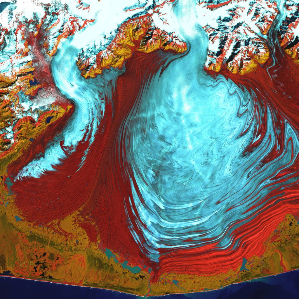 This Landsat image, shot in 200, captures the majestic flow of Alaska's Malaspina Glacier. This false-colour composite was created using infrared, near infrared and green wavelengths.