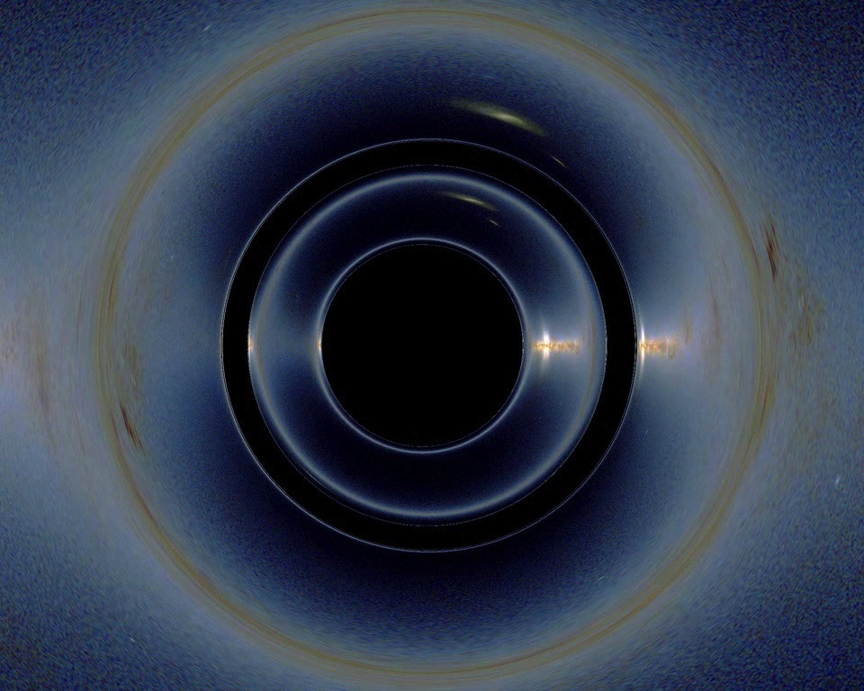 A black hole cannot hide another object (in this case another black hole) that passes directly behind it. Instead, the object in the background will appear like a ring surrounding the one in the foreground.