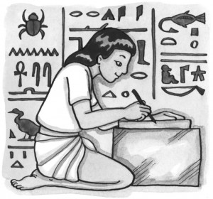 An Egyptian boy writing. Scribe, hieroglyphs, symbols denoting meaning. Carving in stone or painting. System of sign language. Ancient Egypt.