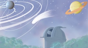 Illustration of a dome telescope in an observatory, and the planets in the sky. Space. Astronomy.