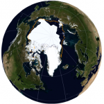 Arctic sea ice extent as of 16 September (shown in white) is smaller than the average annual minimum recorded between 1981-2010 (outlined in orange).