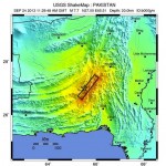 Orange marks the highest intensity shaking, and the star the epicentre, of the 2013 Pakistan earthquake.