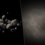 An artist's representation of asteroid 2011 MD suggest that it could be a pile of small rocks (left) or a single rock surrounded by dust particles (right).