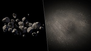 An artist's representation of asteroid 2011 MD suggest that it could be a pile of small rocks (left) or a single rock surrounded by dust particles (right).