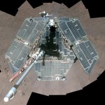 A false-colour image of the Mars Opportunity rover, taken in March 2014.