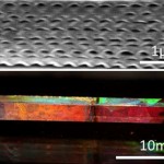 Large-area metallic photonic crystal layer rolled onto a glass rod.