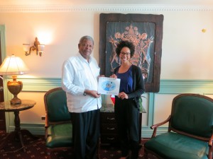 Dr Ayana Elizabeth Johnson with Barbuda Prime Minister, Baldwin Spencer.